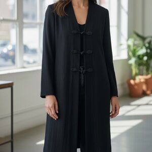 Chico’s Black Long Cardigan / Duster Dress – Elegant Frog Closures Size M/L nwot